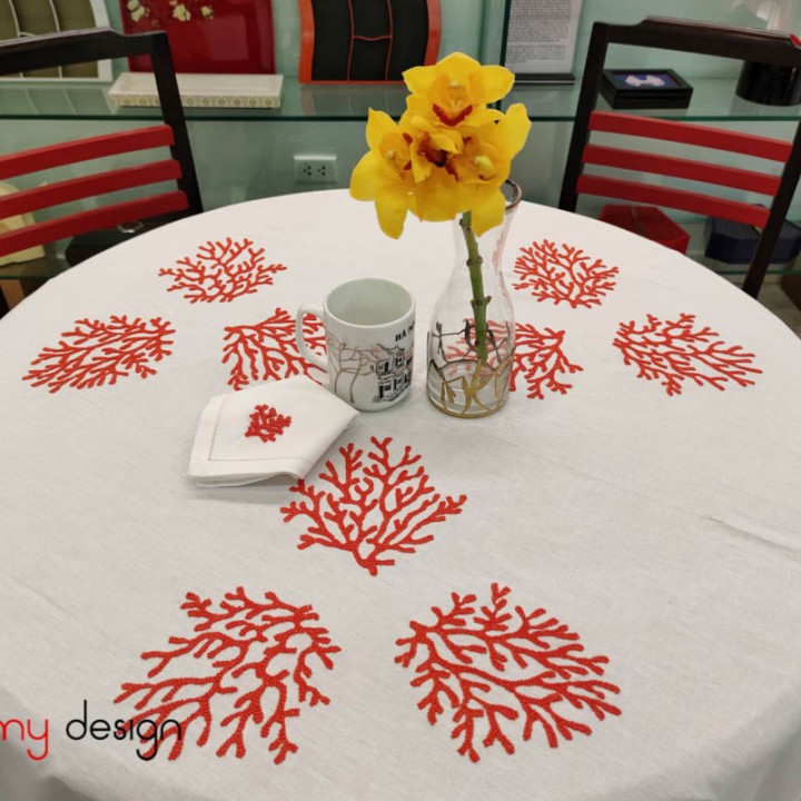 Round table cloth- Red coral embroidery (size 230 cm)